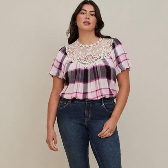 Torrid Plaid Crochet Lace Crinkle Gauze Blouse - Picture 4 of 13